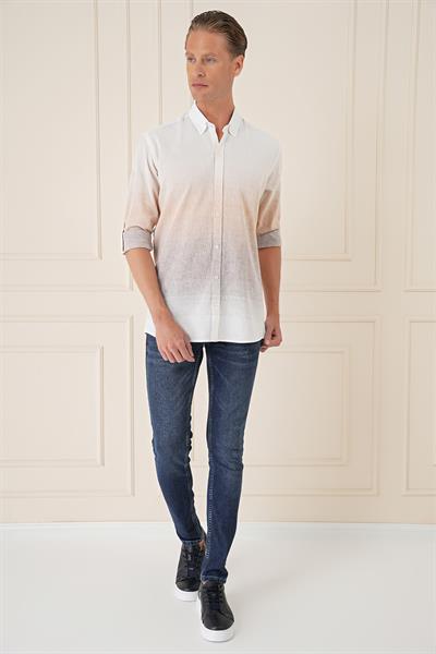 Comfort Fit Degrade Desen Apoletli %100 Keten Bej Gömlek G 1572