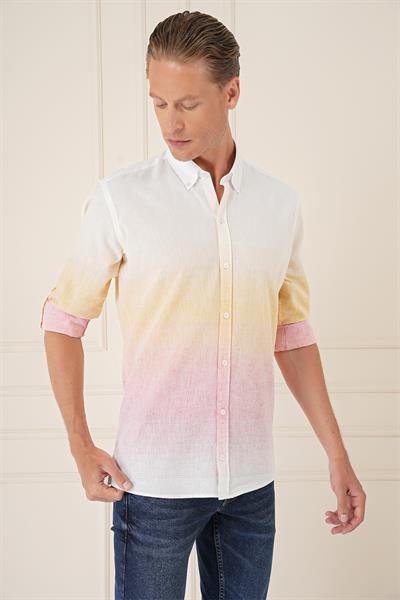 Comfort Fit Degrade Desen Apoletli %100 Keten Pembe Gömlek G 1572