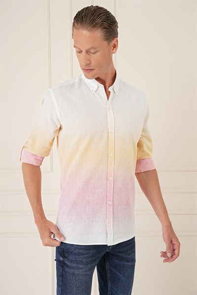 Comfort Fit Degrade Desen Apoletli %100 Keten Pembe Gömlek G 1572