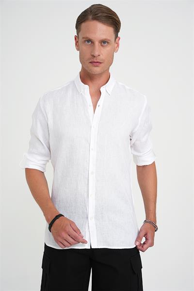 Comfort Fit Düğme Yaka Katlanır Kol %100 Keten Düz Beyaz Gömlek G 1595