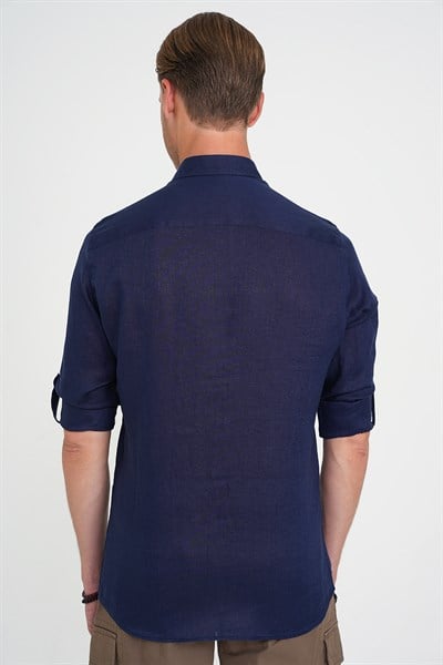 Comfort Fit Düğme Yaka Katlanır Kol %100 Keten Düz Lacivert Gömlek G 1595