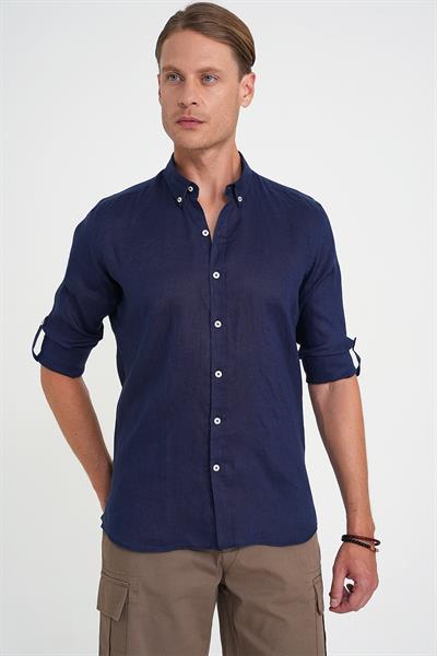 Comfort Fit Düğme Yaka Katlanır Kol %100 Keten Düz Lacivert Gömlek G 1595
