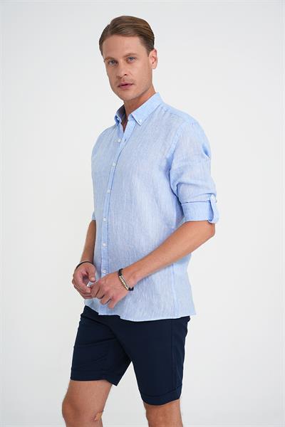 Comfort Fit Düğme Yaka Katlanır Kol %100 Keten Düz Mavi Gömlek G 1595