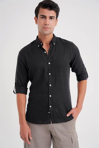 Comfort Fit Düğme Yaka Katlanır Kol %100 Keten Düz Siyah Gömlek G 1595
