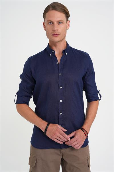 Comfort Fit Düğme Yaka Katlanır Kol %100 Keten Düz Lacivert Gömlek G 1595
