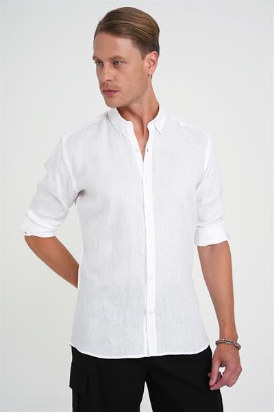 Comfort Fit Düğme Yaka Katlanır Kol %100 Keten Düz Beyaz Gömlek G 1595