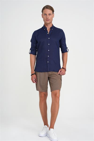 Comfort Fit Düğme Yaka Katlanır Kol %100 Keten Düz Lacivert Gömlek G 1595