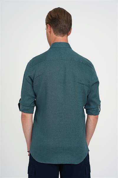 Comfort Fit Düğme Yaka Katlanır Kol %100 Keten Düz Nefti Gömlek G 1595