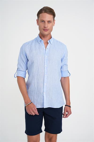 Comfort Fit Düğme Yaka Katlanır Kol %100 Keten Düz Mavi Gömlek G 1595
