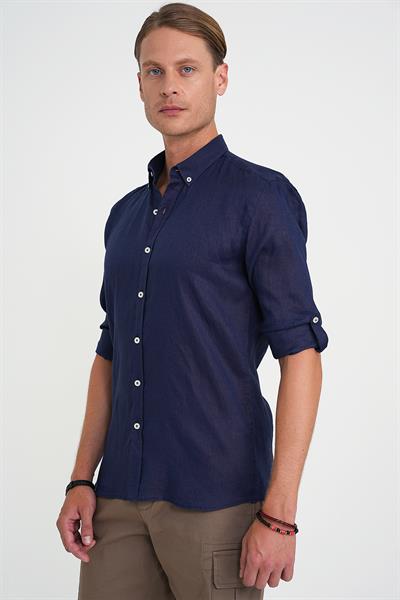 Comfort Fit Düğme Yaka Katlanır Kol %100 Keten Düz Lacivert Gömlek G 1595