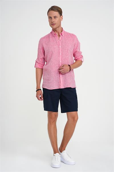 Comfort Fit Düğme Yaka Katlanır Kol %100 Keten Düz Mercan Gömlek G 1595