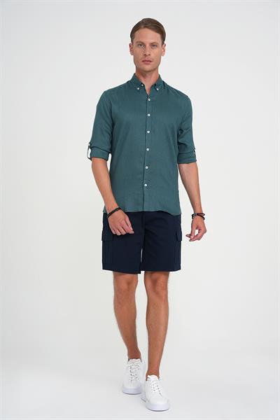 Comfort Fit Düğme Yaka Katlanır Kol %100 Keten Düz Nefti Gömlek G 1595