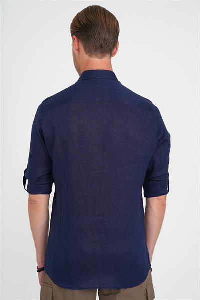 Comfort Fit Düğme Yaka Katlanır Kol %100 Keten Düz Lacivert Gömlek G 1595