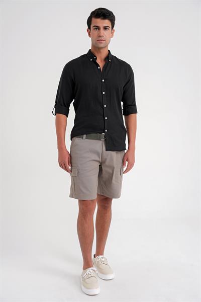 Comfort Fit Düğme Yaka Katlanır Kol %100 Keten Düz Siyah Gömlek G 1595