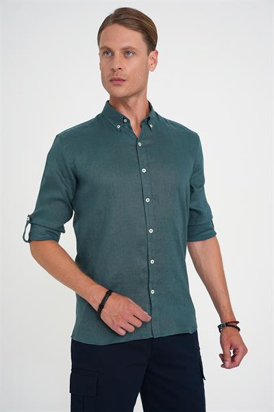 Comfort Fit Düğme Yaka Katlanır Kol %100 Keten Düz Nefti Gömlek G 1595