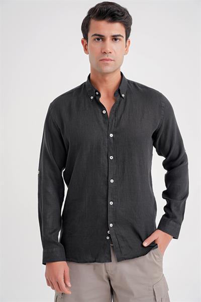 Comfort Fit Düğme Yaka Katlanır Kol %100 Keten Düz Siyah Gömlek G 1595