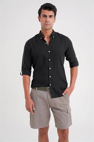 Comfort Fit Düğme Yaka Katlanır Kol %100 Keten Düz Siyah Gömlek G 1595