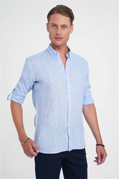 Comfort Fit Düğme Yaka Katlanır Kol %100 Keten Düz Mavi Gömlek G 1595