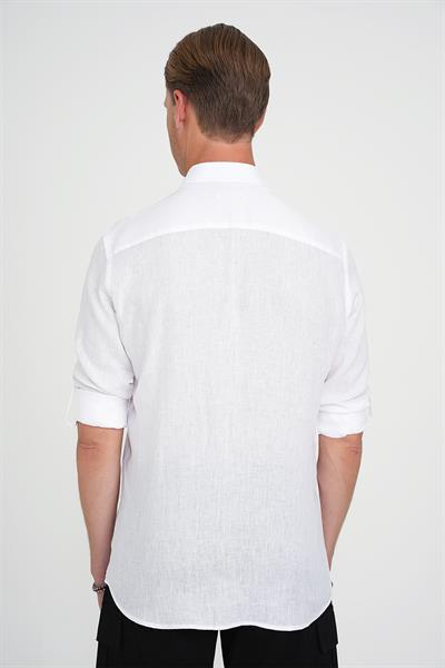 Comfort Fit Düğme Yaka Katlanır Kol %100 Keten Düz Beyaz Gömlek G 1595