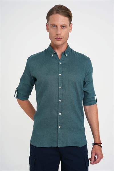 Comfort Fit Düğme Yaka Katlanır Kol %100 Keten Düz Nefti Gömlek G 1595