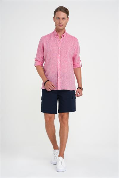 Comfort Fit Düğme Yaka Katlanır Kol %100 Keten Düz Mercan Gömlek G 1595