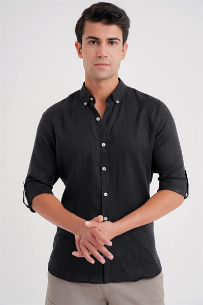 Comfort Fit Düğme Yaka Katlanır Kol %100 Keten Düz Siyah Gömlek G 1595