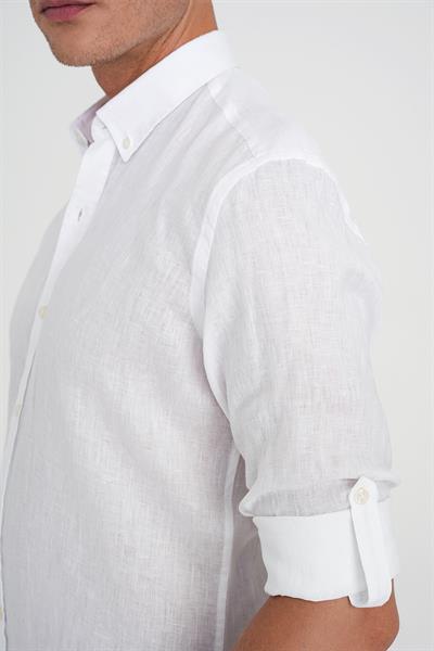 Comfort Fit Düğme Yaka Katlanır Kol %100 Keten Düz Beyaz Gömlek G 1595