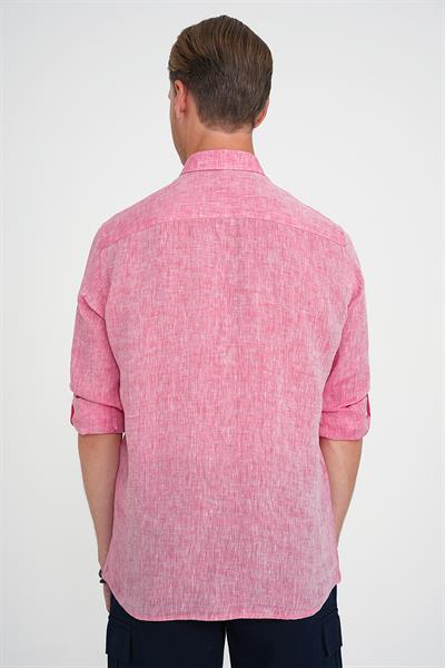 Comfort Fit Düğme Yaka Katlanır Kol %100 Keten Düz Mercan Gömlek G 1595