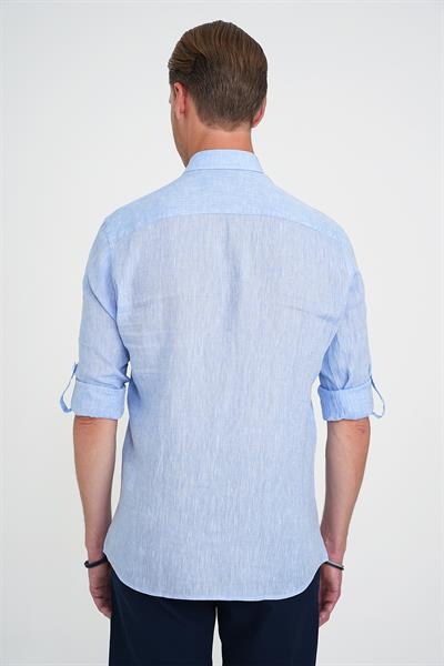 Comfort Fit Düğme Yaka Katlanır Kol %100 Keten Düz Mavi Gömlek G 1595