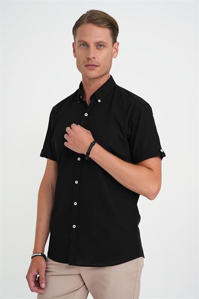 Comfort Fit Düğme Yaka Kısa Kol %100 Keten Düz Siyah Gömlek G 1596