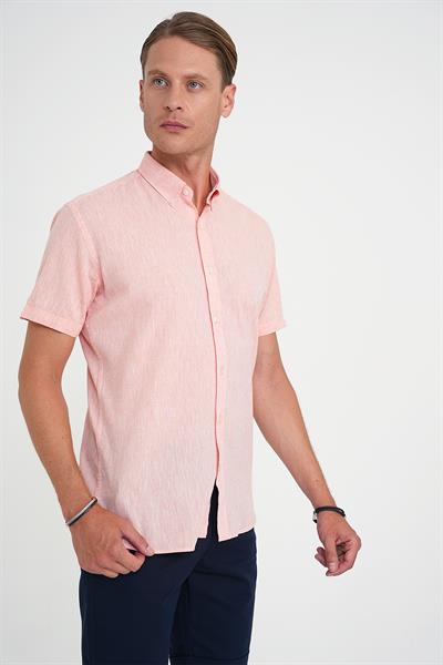 Comfort Fit Düğme Yaka Kısa Kol %100 Keten Düz Somon Gömlek G 1596