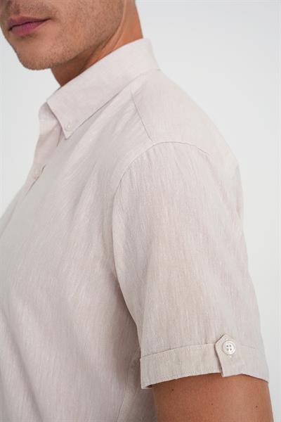 Comfort Fit Düğme Yaka Kısa Kol %100 Keten Düz Bej Gömlek G 1596