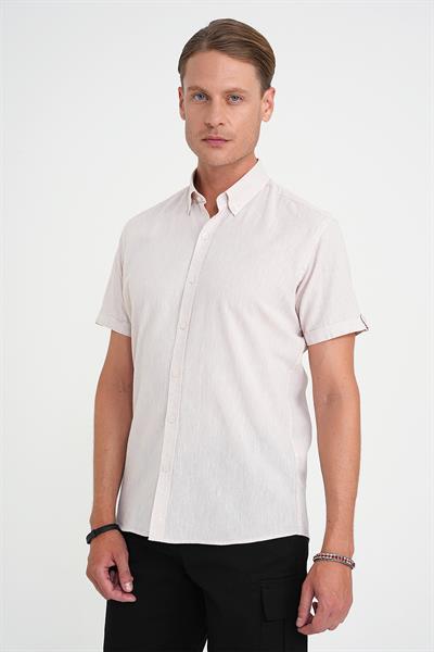 Comfort Fit Düğme Yaka Kısa Kol %100 Keten Düz Bej Gömlek G 1596