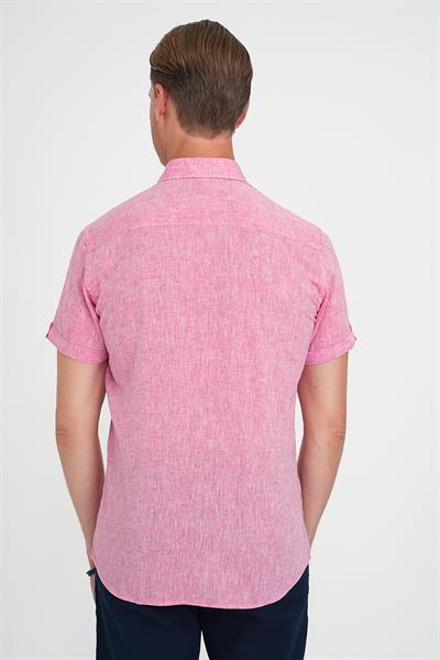 Comfort Fit Düğme Yaka Kısa Kol %100 Keten Düz Mercan Gömlek G 1596