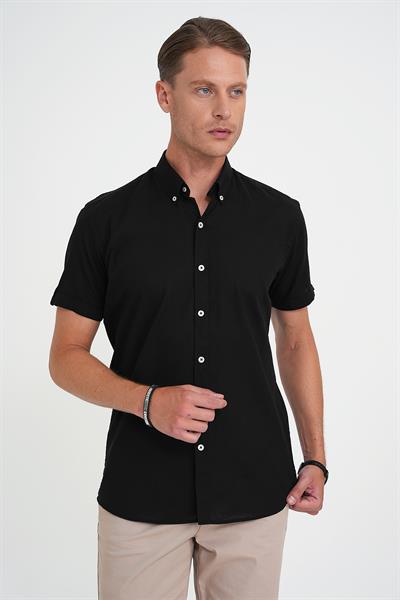 Comfort Fit Düğme Yaka Kısa Kol %100 Keten Düz Siyah Gömlek G 1596