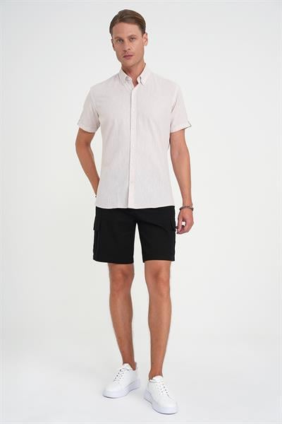 Comfort Fit Düğme Yaka Kısa Kol %100 Keten Düz Bej Gömlek G 1596