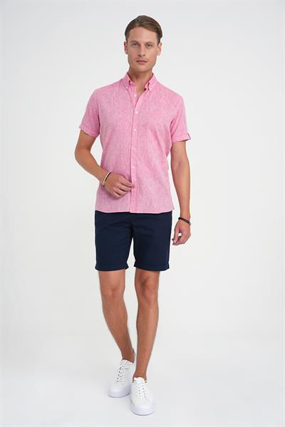 Comfort Fit Düğme Yaka Kısa Kol %100 Keten Düz Mercan Gömlek G 1596