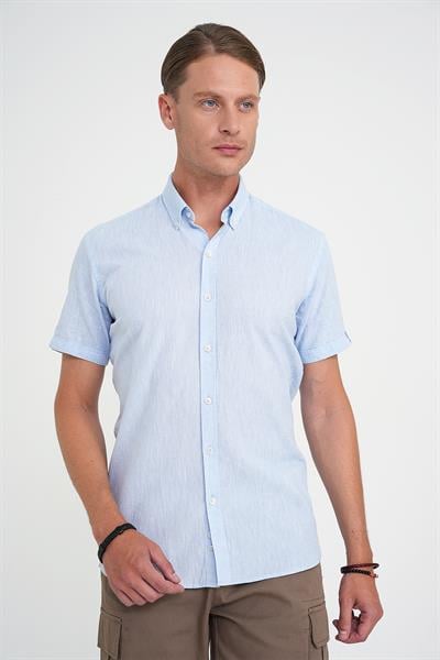 Comfort Fit Düğme Yaka Kısa Kollu %100 Keten Düz Mavi Gömlek G 1596