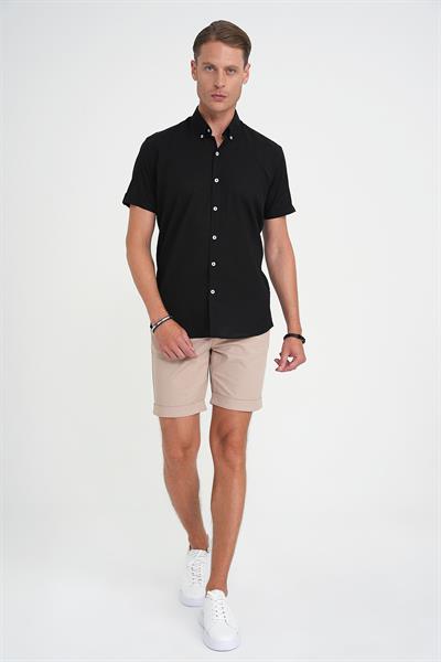 Comfort Fit Düğme Yaka Kısa Kol %100 Keten Düz Siyah Gömlek G 1596