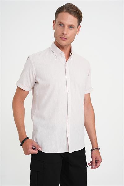 Comfort Fit Düğme Yaka Kısa Kol %100 Keten Düz Bej Gömlek G 1596