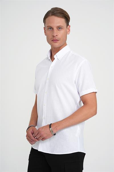 Comfort Fit Düğme Yaka Kısa Kol %100 Keten Düz Beyaz Gömlek G 1596