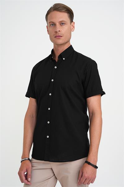 Comfort Fit Düğme Yaka Kısa Kol %100 Keten Düz Siyah Gömlek G 1596