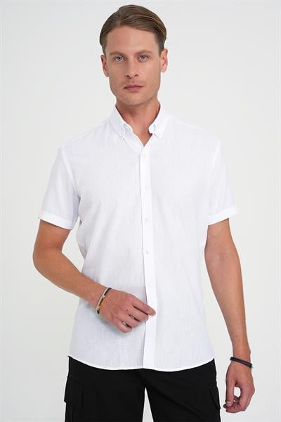 Comfort Fit Düğme Yaka Kısa Kol %100 Keten Düz Beyaz Gömlek G 1596