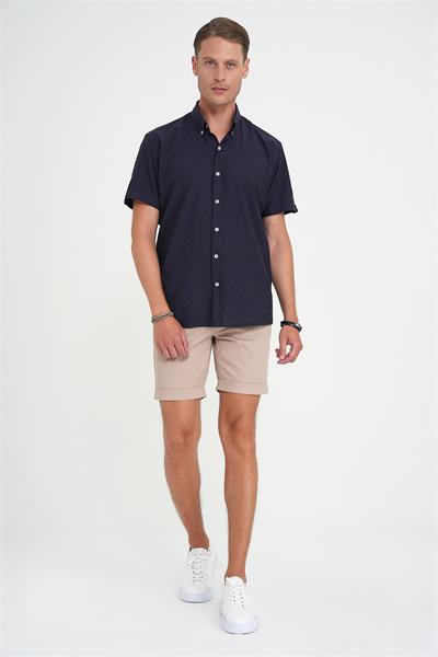 Comfort Fit Düğme Yaka Kısa Kol %100 Keten Düz Lacivert Gömlek G 1596