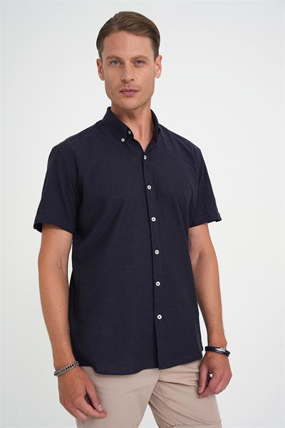 Comfort Fit Düğme Yaka Kısa Kol %100 Keten Düz Lacivert Gömlek G 1596