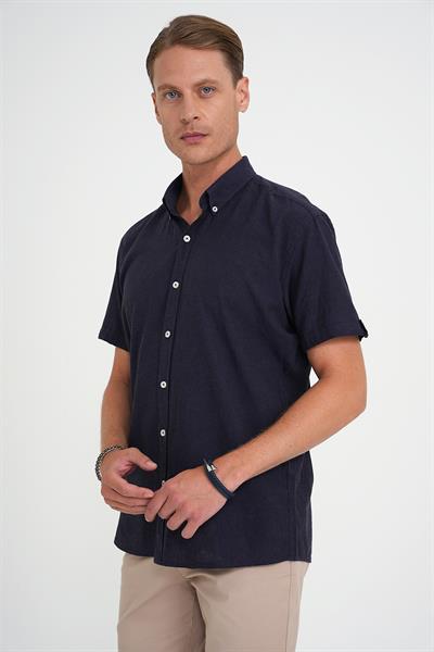 Comfort Fit Düğme Yaka Kısa Kol %100 Keten Düz Lacivert Gömlek G 1596