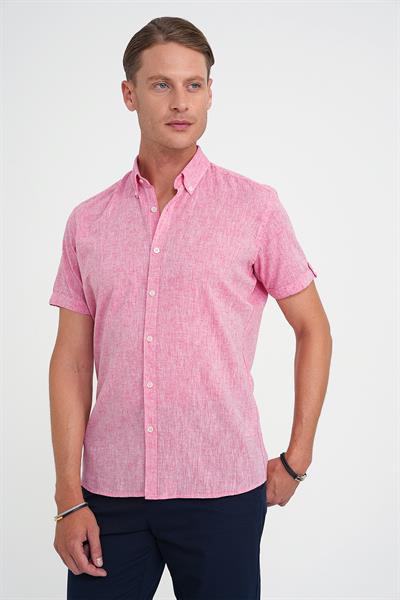 Comfort Fit Düğme Yaka Kısa Kol %100 Keten Düz Mercan Gömlek G 1596