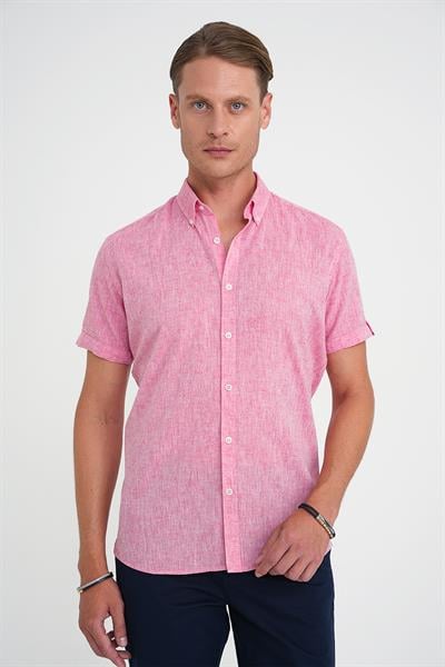 Comfort Fit Düğme Yaka Kısa Kol %100 Keten Düz Mercan Gömlek G 1596