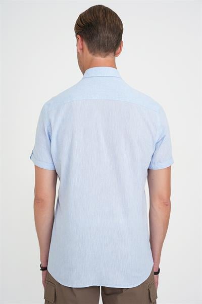 Comfort Fit Düğme Yaka Kısa Kollu %100 Keten Düz Mavi Gömlek G 1596