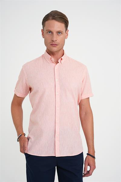 Comfort Fit Düğme Yaka Kısa Kol %100 Keten Düz Somon Gömlek G 1596